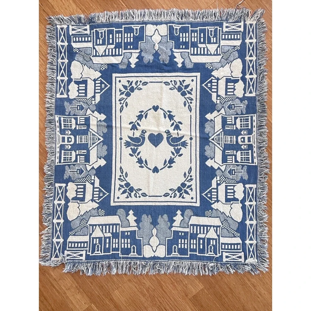 Lovebirds Woven Throw Blanket 53x44 Blue Folk Art Bird Heart Cotton Americana